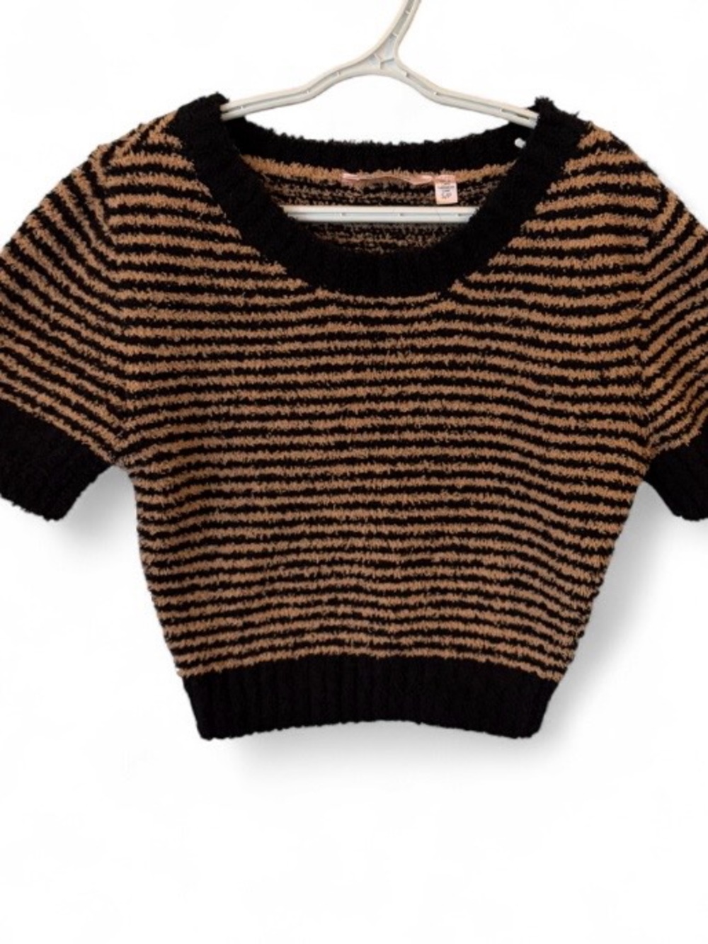 La Vie En Rose Black and Brown Striped Short-Sleeve Crew crop top Sweater